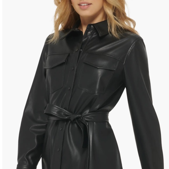 NWT_DKNY Long Sleeve Faux Leather Shirtdress  Snap-Closure Belted Medium - Picture 9 of 16